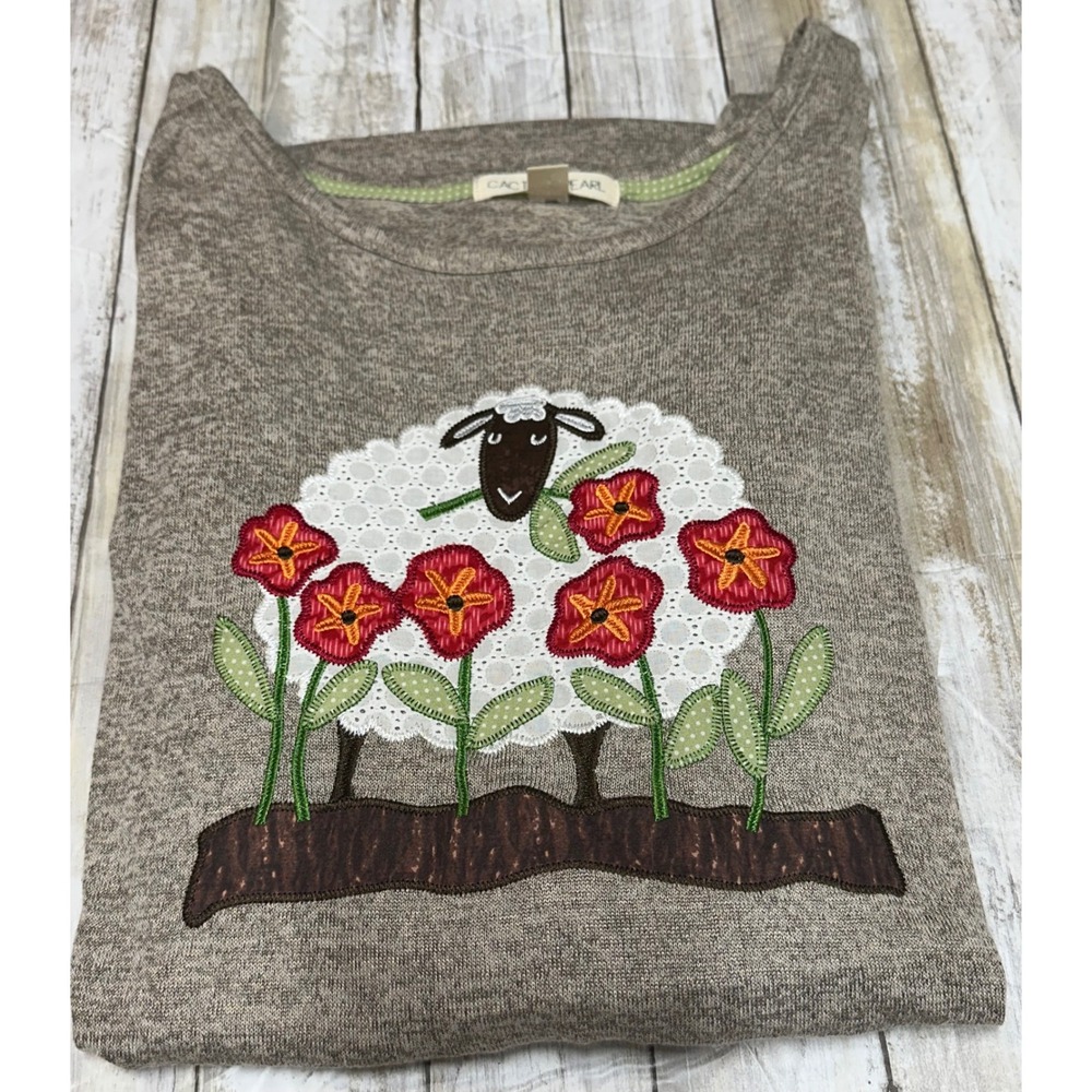 Cactus+ Pearl Women's XXL Gray Sheep‎ Floral Applique 3/4 Sleeve Top size XXL
